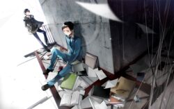  2boys bad_id bad_pixiv_id black_hair blue_eyes book coat durarara!! highres multiple_boys occacia orihara_izaya papers raira_academy_school_uniform ryuugamine_mikado school_uniform short_hair sitting 