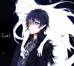  1boy bad_id bad_pixiv_id black_background black_hair blue_eyes chains character_name ciel_(elsword) coat colored_skin demon_power_(elsword) earrings elsword expressionless facial_mark female forehead_mark fur_trim hair_over_eyes ichigawa_(lethe) jewelry long_hair luciela_r._sourcream pointy_ears single_earring smile symbol-shaped_pupils tattoo white_hair white_skin 