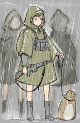  3girls animal bad_id bad_pixiv_id brown_eyes brown_hair collar gun hakuaki leash load_bearing_vest military military_uniform multiple_girls original photoshop_(medium) rain raincoat silhouette soldier uniform weapon 