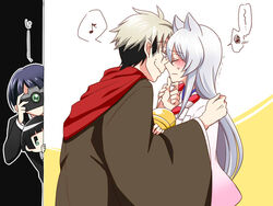  2boys 2girls animal_ears bad_id bad_pixiv_id black_hair blunt_bangs blush bob_cut camera commentary_request eighth_note fox_ears genderswap_(mtf) grey_hair gugure!_kokkuri-san ichimatsu_kohina imminent_kiss inugami_(gugukoku) japanese_clothes kimono kokkuri-san_(gugukoku) kotane_ggkk long_hair multiple_boys multiple_girls musical_note rule_63 shigaraki_(gugukoku) short_hair speech_bubble spoken_musical_note trembling white_hair 