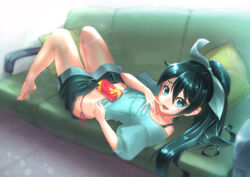  absurdres akimoto_janome bad_id bad_pixiv_id barefoot black_hair blue_eyes blue_shirt bow box bra_strap couch cushion eyelashes female finger_to_mouth from_side ganaha_hibiki gift gift_box hair_ribbon hairbow highres idolmaster idolmaster_(classic) knees_up legs long_hair looking_at_viewer looking_back lying midriff oerba_yun_fang off_shoulder on_back on_couch open_fly open_mouth panties ponytail puffy_sleeves red_panties ribbon shirt short_sleeves shorts side-tie_panties solo tears unbuttoned underwear wavy_mouth 