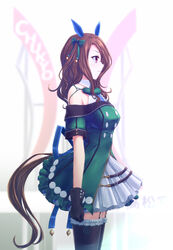  animal_ears aoki_chibe arms_at_sides belt black_gloves black_thighhighs blurry blurry_background blush bow brown_hair clenched_hand commentary_request ear_covers female garter_straps gloves green_bow hair_between_eyes hairbow highres horse_ears horse_girl horse_tail king_halo_(umamusume) long_hair profile red_eyes short_sleeves skirt solo standing tail thighhighs umamusume white_background white_skirt 