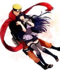  1boy bandaged_arm bandages black_hair blonde_hair closed_eyes commentary_request couple female forehead_protector happy hug hug_from_behind hyuuga_hinata long_hair naruto:_the_last naruto_(series) scarf shokupa_(skp300) short_hair smile straight uzumaki_naruto 