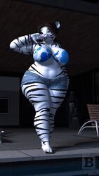  3d_(artwork) 5_toes 9:16 anthro barefoot big_breasts bikini biped blue_eyes blx24 bottomwear breasts brown_hair chair clothing curvy_figure denim denim_clothing digital_media_(artwork) feet felid female fur furniture hair hi_res huge_breasts huge_thighs julia lips mammal navel overweight overweight_anthro overweight_female pantherine shorts solo swimming_pool swimwear thick_thighs tiger toes voluptuous white_body white_fur wide_hips 