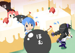  2girls :3 ^^^ akemi_homura akemi_homura_(magical_girl) alternate_hairstyle black_hair black_pantyhose blue_eyes blue_hair bomb bomberman bow braid cake cape charlotte_(madoka_magica) duplicate explosive eyebrows eyelashes flying_sweatdrops food gameplay_mechanics gochou_(kedama) hairband hairbow homu long_hair long_sleeves magical_girl mahou_shoujo_madoka_magica mahou_shoujo_madoka_magica_(anime) miki_sayaka miki_sayaka_(magical_girl) multiple_girls pantyhose parody purple_bow purple_eyes purple_ribbon ribbon running short_hair spoilers sweatdrop twin_braids witch&#039;s_labyrinth 