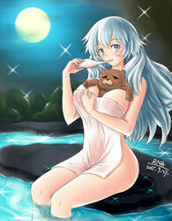  1boy areola_slip areolae artemis_(fate/grand_order) bath bear between_breasts blue_eyes blush breasts covering eating erect_nipples fate/grand_order fate_(series) female large_breasts long_hair looking_at_viewer moon nude orion_(fate/grand_order) silver_hair sitting towel water wet 