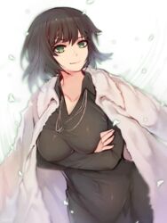  black_dress black_hair breasts closed_mouth coat collarbone collared_dress commentary covered_navel crossed_arms dress female fubuki_(one-punch_man) fur_coat green_eyes highres jacket jacket_on_shoulders jewelry large_breasts looking_at_viewer mukka necklace one-punch_man raised_eyebrow short_hair smile solo tight_clothes tight_dress white_coat 