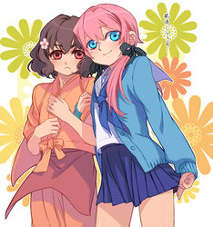  2boys bad_id bad_pixiv_id blue_eyes blush brown_eyes brown_hair cosplay crossdressing flower hair_flower hair_ornament hanasaku_iroha inazuma_eleven_(series) inazuma_eleven_go japanese_clothes kirino_ranmaru kissuisou_uniform lizzydom long_hair low_twintails matsumae_ohana matsumae_ohana_(cosplay) multiple_boys nakai_(waitress) otoko_no_ko pink_hair school_uniform serafuku shindou_takuto short_hair skirt smile twintails 