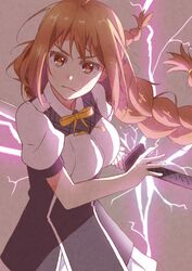  ahoge braid breasts brown_eyes brown_hair female grey_background katana lightning long_hair ponishi. rakudai_kishi_no_cavalry ribbon school_uniform skirt sword toudou_touka weapon 