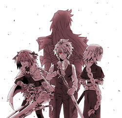  3boys ahoge armor armored_dress astolfo_(fate) back bangs braid cape capelet chains cloak commentary eyebrows_visible_through_hair fate/apocrypha fate_(series) female fokwolf fur_trim garter_straps gauntlets green_eyes hair_between_eyes hair_ornament hair_ribbon headpiece heterochromia highres holding holding_sheath holding_spear holding_sword holding_weapon jeanne_d&#039;arc_(fate) jeanne_d&#039;arc_(fate)_(all) long_braid long_hair long_sleeves looking_back male_focus multicolored_hair multiple_boys multiple_monochrome oerba_yun_fang pants pink_eyes polearm purple_eyes red_eyes ribbon ruler_(fate/apocrypha) saber_of_black scabbard sheath shirt short_hair sieg_(fate/apocrypha) single_braid skirt spear sword thighhighs thighs trap two-tone_hair very_long_hair waist_cape waistcoat weapon 