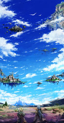  2boys armor bahamut_lagoon bird blonde_hair blue_hair blue_sky building castle cloud commentary_request day emperor_sauzer facing_away floating_island from_behind long_hair looking_afar male_focus multiple_boys outdoors palpaleos scenery sky standing touka_(jue) tree 