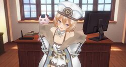  3d absurdres blanc_(neptunia) commentary_request custom_maid_3d_2 desk female flat_chest happy hat highres neptune_(series) short_hair solo sumxsum03 