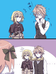  2boys ahoge armor armored_dress astolfo_(fate) bangs black_ribbon blonde_hair blush braid brown_hair capelet chains cloak closed_eyes couple eyebrows_visible_through_hair fate/apocrypha female fokwolf fur_trim gauntlets hair_ornament hair_ribbon hair_scarf hand_on_own_face headpiece jeanne_d&#039;arc_(fate) jeanne_d&#039;arc_(fate)_(all) long_braid long_hair long_sleeves looking_at_another male_focus multiple_boys multiple_girls pale_skin pink_hair purple_eyes red_eyes ribbon ruler_(fate/apocrypha) shirt short_hair sieg_(fate/apocrypha) single_braid sweat trap very_long_hair waistcoat white_shirt 