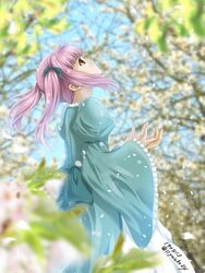  blue_bow blue_dress blurry blurry_background blurry_foreground bow day dress female floating_hair frilled_sleeves frills hairbow hannelore_(honzuki_no_gekokujou) honzuki_no_gekokujou long_hair long_sleeves looking_up outdoors petals pink_hair profile red_eyes solo standing twintails twitter_username wide_sleeves yuuko24 