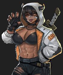  abs absurdres bandage_on_face bandages black_nails breasts brown_hair choker claw_pose dark-skinned_female dark_skin ezzydraws fangs female gun hand_in_pocket handgun highres holster horns jacket jewelry looking_at_viewer muscular muscular_female necklace one_eye_closed orange_eyes original short_hair simple_background solo sword tongue tongue_out weapon weapon_on_back 