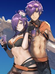  1boy abs bikini black_bikini breasts cape choker cleavage closed_mouth commentary female fire_emblem fire_emblem:_three_houses fire_emblem_heroes fire_emblem_warriors:_three_hopes hair_bun hair_over_one_eye highres large_breasts long_hair looking_at_viewer official_alternate_costume purple_eyes purple_hair seinikuten shez_(female)_(fire_emblem) shez_(female)_(summer)_(fire_emblem) shez_(fire_emblem) shez_(male)_(fire_emblem) shez_(male)_(summer)_(fire_emblem) short_hair simple_background single_hair_bun smile swimsuit topless_male 