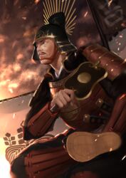  1boy armor black_headwear crest crossed_legs facial_hair family_crest flag gunbai hand_fan helmet highres holding holding_fan japanese_armor kabuto_(helmet) kirimon_(paulownia) kote male_focus moustache original outdoors overcast peperon_(peperou) red_armor sengoku_fubu shoulder_armor sitting sky sode suneate toyotomi_hideyoshi_(sengoku_fubu) war_fan waraji 