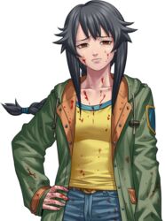  arm_at_side belt black_hair blood blood_on_clothes blood_on_face blood_on_hands braid brown_eyes buttons closed_mouth cowboy_shot drawstring female fingernails hair_tie hand_on_own_hip hood hood_down kagelow long_hair long_sleeves looking_at_viewer official_art pants raging_loop serizawa_chiemi sidelocks single_braid smile solo spoilers tachi-e teeth third-party_source transparent_background variant_set 