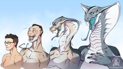  anthro base_one_layout basic_sequence blue_eyes blue_mouth blue_tongue body_part_growth breast_growth breasts claw_growth claws closed_eyes expansion eyewear fangs female forked_tongue four_frame_image four_frame_sequence gabe_(onom) gender_transformation glasses gradient_background grey_body grey_scales growth human human_to_anthro linear_sequence long_neck male mammal mid_transformation mtf_transformation neck_expansion nude one_row_layout open_mouth orange_eyes pupils reptile rotarr scale_growth scales scalie sequence simple_background six_(onom) slit_pupils snake snake_hood solo species_transformation surprise teeth text tongue transformation transformation_sequence url viper_(x-com) white_body white_scales x-com 