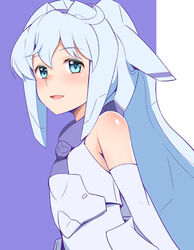  android aqua_hair ascot blue_eyes detached_sleeves dress female gloves grey_hair gundam gundam_build_divers hair_between_eyes headgear honda_naoki lips long_hair looking_at_viewer mechanical_hair mobile_doll_sara open_mouth purple_ascot purple_background sara_(gundam_build_divers) smile solo upper_body white_background 