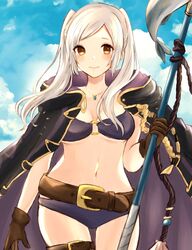  belt bikini blue_sky blush breasts cleavage female fire_emblem fire_emblem_awakening fire_emblem_heroes fish gloves highres jewelry jiro_baji long_hair necklace non-web_source official_alternate_costume purple_bikini robe robin_(female)_(fire_emblem) robin_(female)_(summer)_(fire_emblem) robin_(fire_emblem) sky source_request swimsuit twintails white_hair yellow_eyes 