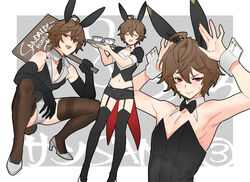  1boy ahoge androgynous animal_ears armpits black_bow black_bowtie black_gloves black_leotard black_necktie black_thighhighs blush border bow bowtie brown_hair brown_thighhighs bulge closed_eyes closed_mouth commentary_request crop_top crossdressing detached_collar elbow_gloves embarrassed fake_animal_ears full_body gloves granblue_fantasy grey_background hair_between_eyes high_heels legs leotard looking_at_viewer male_focus male_playboy_bunny micro_shorts midriff multiple_views navel necktie open_mouth otoko_no_ko paw_pose red_bow red_bowtie red_eyes sandalphon_(granblue_fantasy) shadow short_hair shorts signpost sleeve_cuffs sleeveless squatting sweatdrop teeth tekki_(tki) thighhighs upper_body upper_teeth_only white_border 