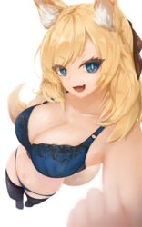  :d animal_ear_fluff animal_ears arknights arm_behind_back arm_up bare_arms bare_shoulders black_thighhighs blonde_hair blue_bra blue_eyes blurry blurry_foreground bra breasts cleavage collarbone commentary eyebrows_hidden_by_hair eyelashes eyes_visible_through_hair female floral_print forehead from_above full_body hair_ornament hair_over_shoulder highres horse_ears horse_girl horse_tail lace-trimmed_bra lace_trim looking_at_viewer navel no_shoes o-ring oerba_yun_fang open_mouth parted_bangs sidelocks simple_background skin_fang smile solo standing tail terebi- thighhighs underwear v-shaped_eyebrows whislash_(arknights) white_background 