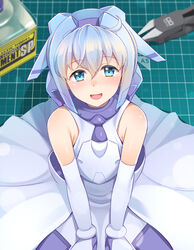  between_legs blue_eyes bottle building clippers female from_above glue grey_hair gundam gundam_build_divers gunpla hairband hand_between_legs honda_naoki looking_at_viewer looking_up mecha mechanical_hair mobile_doll_sara model_building model_kit open_mouth robot sara_(gundam_build_divers) sitting smile tweezers 