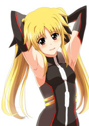  armpits arms_behind_head arms_up azumaya_hironaru bare_shoulders black_gloves blonde_hair blush breasts commentary_request elbow_gloves fate_testarossa fate_testarossa_(blaze_form_ii) female gloves hair_ornament hair_ribbon long_hair looking_at_viewer lyrical_nanoha mahou_shoujo_lyrical_nanoha_reflection no_cape open_mouth presenting_armpit red_eyes ribbon simple_background small_breasts smile solo standing tongue twintails undersuit upper_body white_background 