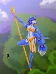  3:4 4_toes anthro balancing barefoot bottomwear canid canine clothing dancing digital_media_(artwork) feet female fox krystal_(star_fox) loincloth looking_away mammal nahadon nintendo pixel_(artwork) pole pole_dancing solo staff star_fox starfox_adventures toes 