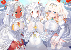  bicolored_eyes blonde_hair blue_eyes blush breasts crown dark_skin dress flowers garter gray_hair green_eyes naka_akira original pointed_ears red_eyes rose thighhighs wedding_attire white_hair 