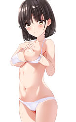  absurdres bare_arms bare_shoulders bikini bikini_bottom_aside black_hair blush bob_cut breasts cleavage clothing_aside collarbone covering_breasts covering_privates female halterneck hand_on_breast highres looking_at_viewer marui_koishi medium_breasts navel original short_hair simple_background smile solo swimsuit thighs underboob white_background white_bikini yellow_eyes 