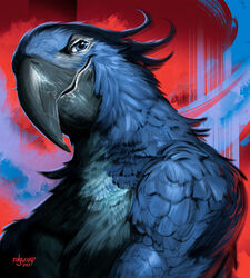  absurd_res artist_name avian beak bird black_beak blu_(blubirdboi) blue_body blue_eyes blue_feathers bust_portrait deltoids digital_media_(artwork) digital_painting_(artwork) feathers finbeard hi_res looking_aside macaw male neotropical_parrot parrot portrait red_background signature simple_background smile solo spix&#039;s_macaw text true_parrot year 