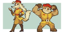  anthro armwear band-aid bandage beret black_eyes blonde_hair blue_background boots bottomwear brown_body brown_clothing brown_footwear brown_fur brown_gloves brown_handwear brown_shoes bulldog canid canine canis clothing cuphead_(game) digital_media_(artwork) domestic_dog duo elbow_gloves fangs female fighter_pilot_bulldog fingerless_gloves flexing flexing_bicep flexing_both_biceps footwear fur gloves hair hand_on_hip handwear hat headgear headwear high_heeled_boots high_heels hunting_dog knee_boots knee_highs legwear male mammal mastiff military_hat military_uniform molosser muscular muscular_male pants pixel_(artwork) red_clothing red_hat red_headwear saluki sgt._o&#039;fera_(cuphead) shoes sighthound simple_background sleeveless tail tan_body tan_fur tan_tail teeth topwear uniform white_background x0_000 yellow_bottomwear yellow_clothing yellow_pants yellow_topwear 