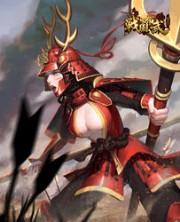  :o absurdres armor arrow_(projectile) blurry blurry_foreground breasts cleavage day dual_wielding female genderswap_(mtf) helmet highres holding holding_weapon japanese_armor kabuto_(helmet) large_breasts li_zao orange_eyes outdoors photoshop_(medium) planted planted_arrow polearm red_headwear rule_63 samurai sanada_clan_(emblem) sanada_yukimura standing trident weapon 