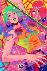  2girls absurdres blue_hair flower_skirt gradient_hair green_hair hair_bobbles hair_ornament highres hirose_yasuho jojo_no_kimyou_na_bouken jojolion multicolored_hair multiple_girls paisley_park_(stand) stand_(jojo) tariah_furlow 