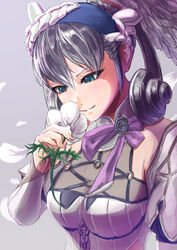  blue_eyes braid breasts crown_braid female flower grey_background grey_hair hair_between_eyes head_wings highres ikastak juliet_sleeves long_sleeves medium_breasts melia_antiqua o-ring o-ring_top protected_link puffy_sleeves smelling_flower smile solo upper_body white_flower wings xenoblade_chronicles:_future_connected xenoblade_chronicles_(series) xenoblade_chronicles_1 