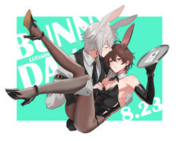  2boys ahoge androgynous animal_ears black_footwear black_leotard black_vest blush border brown_hair brown_pantyhose carrying closed_mouth crossdressing dated earrings elbow_gloves fingerless_gloves full_body gloves granblue_fantasy green_background grey_gloves grey_hair grey_shirt hair_between_eyes high_heels jewelry legs leotard looking_at_viewer lucifer_(shingeki_no_bahamut) male_focus male_playboy_bunny multiple_boys pantyhose princess_carry rabbit_ears red_eyes ring sandalphon_(granblue_fantasy) shiny_clothes shirt short_hair tekki_(tki) thighs tray vest wedding_ring white_border yaoi 