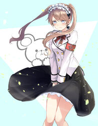  anne_sieber armband black_skirt blazer blue_background blue_eyes blush bow breasts brown_hair center_frills closed_mouth clothes_lift commentary_request covering_crotch covering_privates dahlia_academy_boarding_school_uniform feet_out_of_frame female frilled_skirt frills highres jacket kishuku_gakkou_no_juliet knees_together_feet_apart long_hair medium_breasts natsupa pleated_skirt safety_pin school_uniform shirt skirt skirt_lift solo striped striped_bow swept_bangs twintails two-tone_background v-shaped_eyebrows very_long_hair wavy_mouth white_background white_jacket white_shirt wind wind_lift 