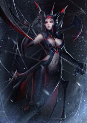  arachne arthropod_girl arthropod_limbs black_hair breasts bug claws cleavage closed_mouth commentary elbow_spikes elise_(league_of_legends) english_commentary female large_breasts league_of_legends lips looking_at_viewer midriff monster_girl multiple_legs navel photoshop_(medium) red_eyes short_hair silk solo spider spider_girl spider_web taur yueyue 