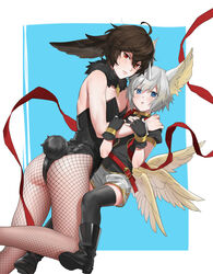  2boys ahoge androgynous animal_ears armpit_crease ass belt black_footwear black_leotard black_shirt black_thighhighs blue_background blue_eyes blush boots border bracelet collarbone commentary_request crossdressing fake_tail feathered_wings feet_out_of_frame fingerless_gloves fishnet_pantyhose fishnets full_body gloves gold_trim granblue_fantasy grey_shorts highleg highleg_leotard highres horns jewelry legs leotard lucifer_(shingeki_no_bahamut) male_focus medium_hair multiple_boys pantyhose partially_fingerless_gloves rabbit_tail red_eyes sandalphon_(granblue_fantasy) shadow shirt short_sleeves shorts tail tekki_(tki) thighhighs thighs white_border wings 