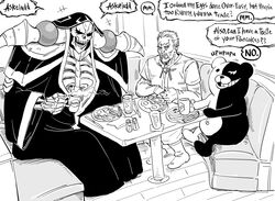  +++ 3boys ainz_ooal_gown aquiline_nose askeladd bb_(baalbuddy) commentary couch crossover cup danganronpa_(series) denny&#039;s egg_(food) english_commentary english_text food fried_egg greyscale highres holding holding_cup monochrome monokuma mug multiple_boys multiple_crossover overlord_(maruyama) parted_lips robe salt_shaker shirt sitting skeleton table vinland_saga 