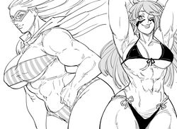  2girls abs armpits bandeau bb_(baalbuddy) biceps bikini boku_no_hero_academia breasts cleavage commentary domino_mask english_commentary facepaint floating_hair fuuma_kotarou_(tenkaichi) greyscale grin hair_slicked_back hands_up highres large_breasts looking_at_viewer mask monochrome multiple_girls muscular muscular_female navel one_eye_closed simple_background smile star_and_stripe_(boku_no_hero_academia) swimsuit tenkaichi_nihon_saikyou_bugeisha_ketteisen white_background 