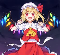  :d ascot blonde_hair bow claw_pose commentary crystal eyebrows_hidden_by_hair female flandre_scarlet frilled_shirt_collar frilled_skirt frilled_sleeves frills hat hat_bow hat_ribbon kaminokefusa looking_at_viewer medium_hair mob_cap night oerba_yun_fang open_mouth protected_link puffy_short_sleeves puffy_sleeves red_bow red_eyes red_skirt red_vest ribbon shirt short_sleeves side_ponytail skirt skirt_set smile solo touhou vest white_shirt wings wrist_cuffs yellow_ascot 