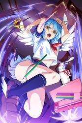  angel_wings asymmetrical_wings black_socks blue_hair blue_sailor_collar blue_skirt bottle breasts brown_socks feathered_wings female floating green_eyes hair_bobbles hair_ornament indoors large_breasts looking_at_viewer milk nanael_(queen&#039;s_blade) nanael_(queen&#039;s_blade_unlimited) navel neckerchief official_art open_mouth panties pantyshot pencil pleated_skirt polka_dot polka_dot_panties queen&#039;s_blade queen&#039;s_blade_unlimited queen&#039;s_blade_white_triangle red_neckerchief sailor_collar school_uniform scissors shoes short_hair skirt socks solo teeth thighs underwear upper_teeth_only weapon white_wings wings wristband 