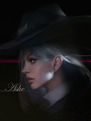  ashe_(overwatch) asymmetrical_hair bowler_hat commentary cowboy_hat earrings english_commentary female hat highres jewelry lips lipstick makeup mole mole_above_mouth nose overwatch overwatch_1 photoshop_(medium) portrait profile realistic red_lips skull_earrings solo yueyue 