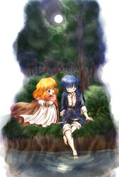  1boy barefoot blue_hair cape closed_eyes dress female fire_emblem fire_emblem:_genealogy_of_the_holy_war forest full_moon hugging_own_legs lana_(fire_emblem) long_hair moon nature night open_mouth orange_hair red-50869 relaxing seliph_(fire_emblem) short_hair sitting smile soaking_feet tree 