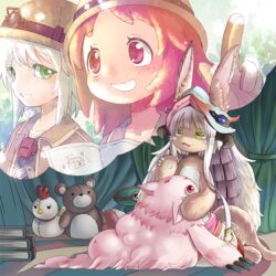  1other 2girls androgynous belt_bra commentary_request ears_through_headwear fake_horns furrification furry helmet horizontal_pupils horned_helmet horns made_in_abyss mitty_(made_in_abyss) mitty_(made_in_abyss)_(human) multiple_girls nanachi_(made_in_abyss) nanachi_(made_in_abyss)_(human) okran pensive tied_skirt whiskers white_hair yellow_eyes 