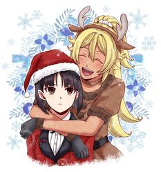  2girls ^_^ antlers arms_around_neck blazer blonde_hair closed_eyes collared_shirt gloves hat horns hyakkaou_academy_school_uniform jacket kakegurui multiple_girls red_jacket reindeer_antlers santa_hat sasaya school_uniform shirt totobami_terano totobami_yumi white_shirt 