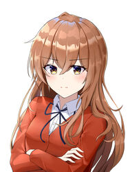  aisaka_taiga bad_id bad_pixiv_id blue_ribbon brown_eyes brown_hair chinese_commentary closed_mouth crossed_arms female jacket light_blush long_hair long_sleeves looking_at_viewer neck_ribbon one_smoke oohashi_high_school_uniform red_jacket ribbon school_uniform shirt solo toradora! upper_body white_background white_shirt 